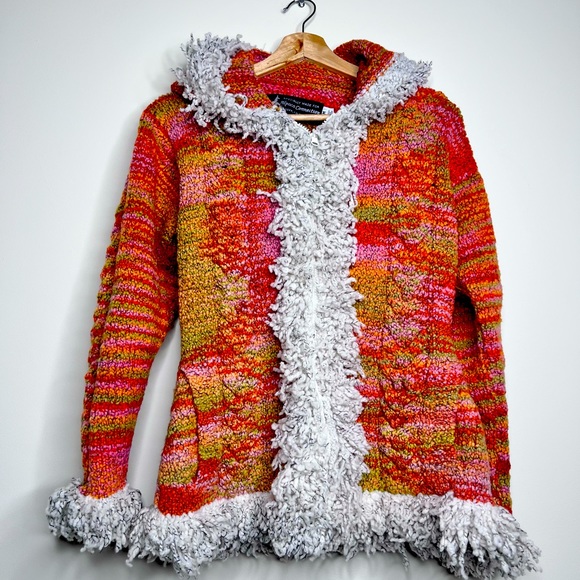 Alpaca Connection Sweaters - Alpaca Connection Hand Knit Sweater Hooded Full Zip Multi Color Medium